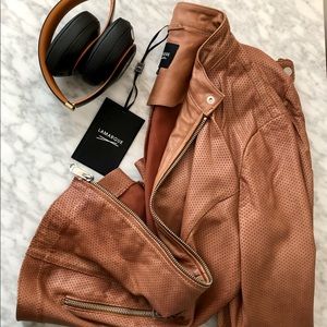 Lamarque Perforated Leather Biker Jacket In Tan